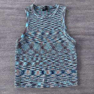 White Fox Boutique Blue Brown Sleeveless Crop Muscle Tee